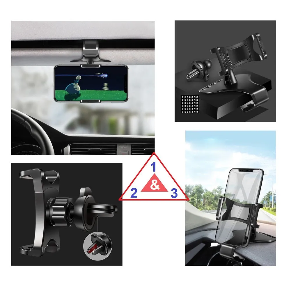 3 in 1 Car GPS Smartphone Holder: Dashboard / Visor Clamp   AC Grid Clip for Goclever Quantum 470 Rugged Pro (2019) - Black