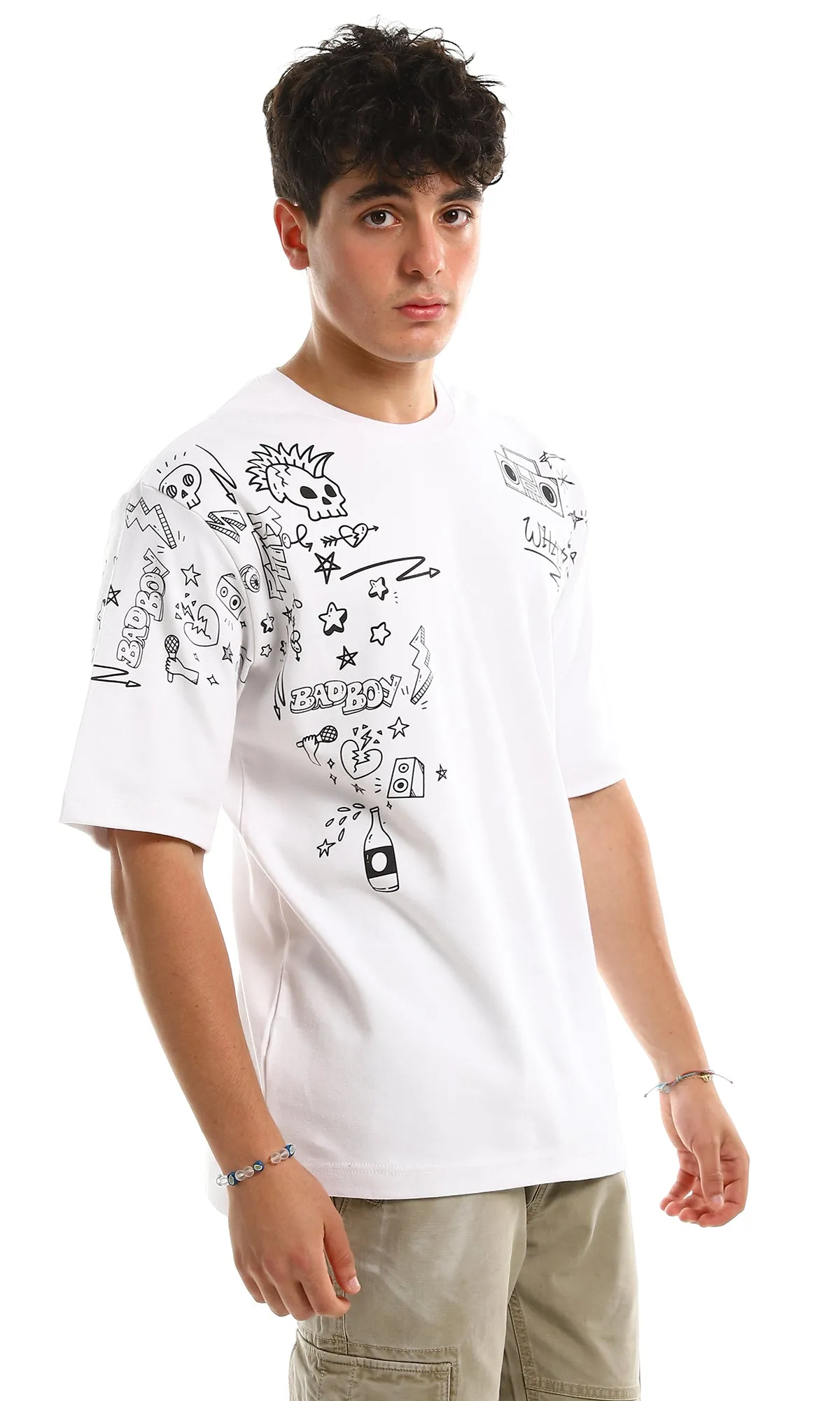 97434 Trendy Print Short Sleeves White Casual Tee