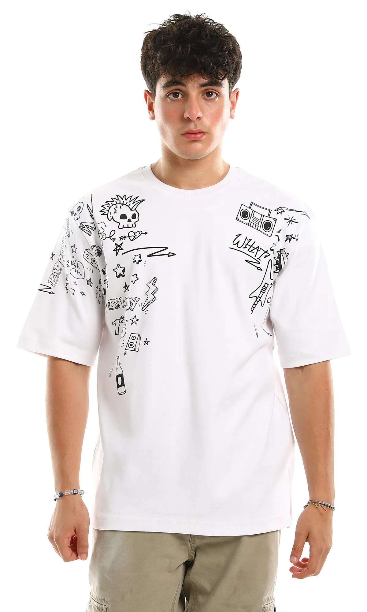 97434 Trendy Print Short Sleeves White Casual Tee
