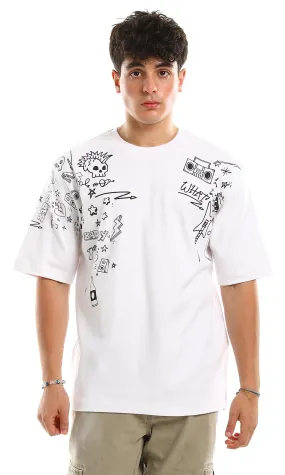97434 Trendy Print Short Sleeves White Casual Tee
