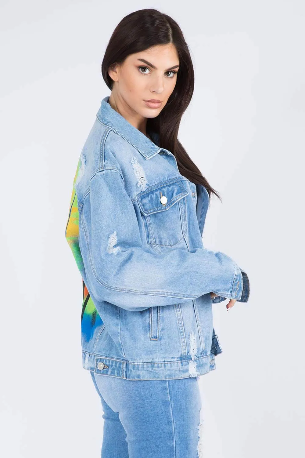 American Bazi Full Size Painted Back Distressed Denim Jacket
