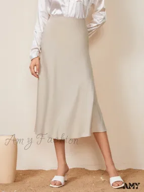 Amy Fashion - Solid High Waist Satin Skirt Workwear