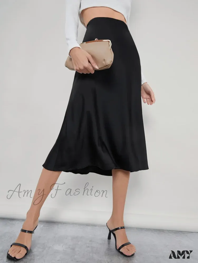 Amy Fashion - Solid High Waist Satin Skirt Workwear