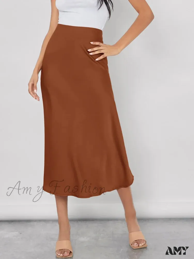 Amy Fashion - Solid High Waist Satin Skirt Workwear