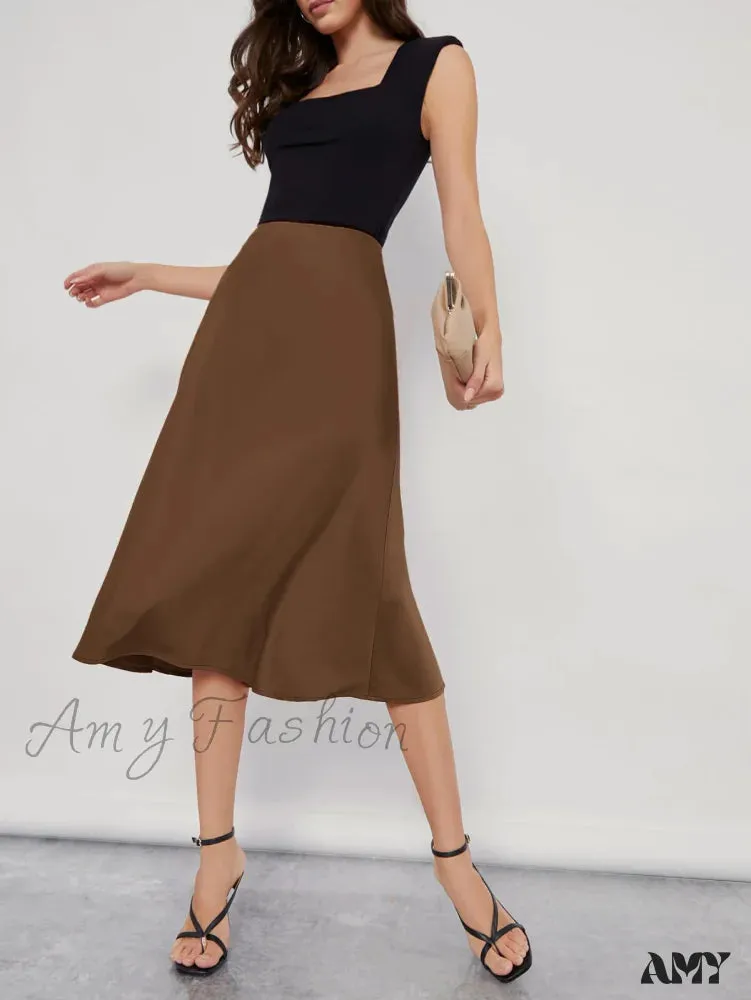 Amy Fashion - Solid High Waist Satin Skirt Workwear