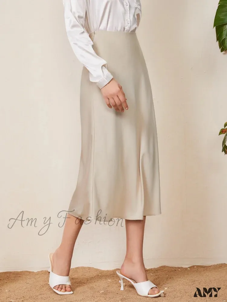 Amy Fashion - Solid High Waist Satin Skirt Workwear