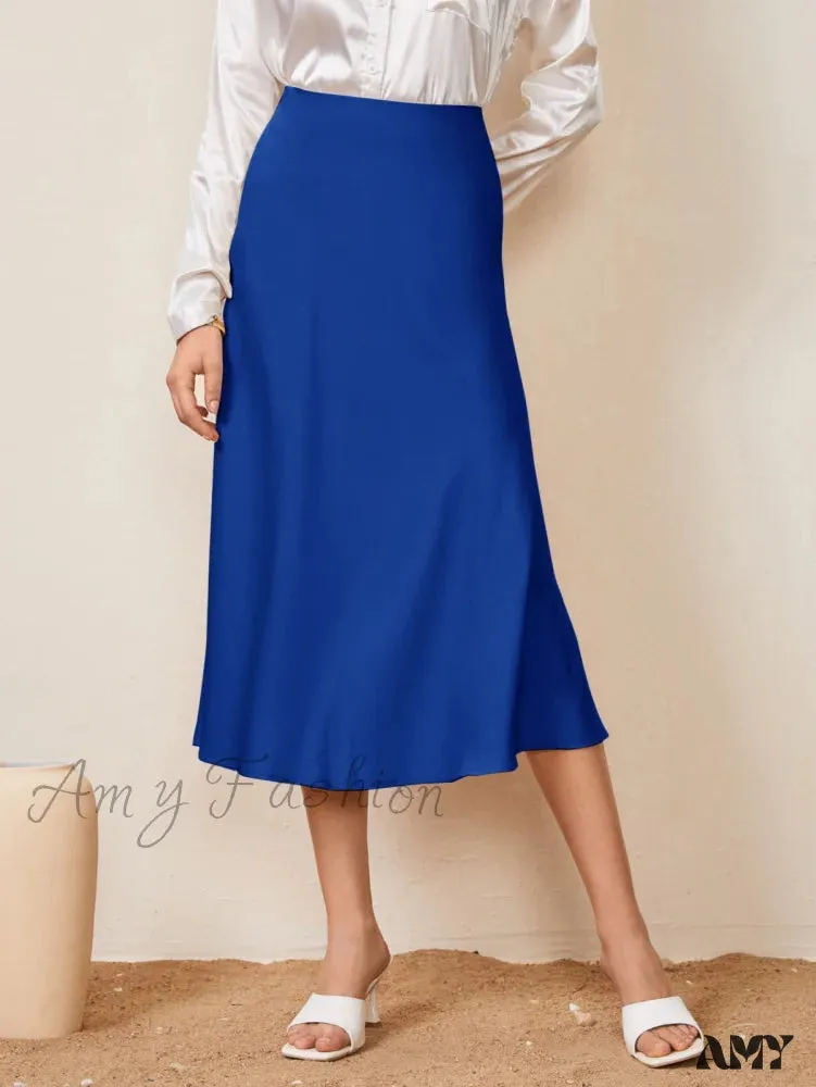 Amy Fashion - Solid High Waist Satin Skirt Workwear
