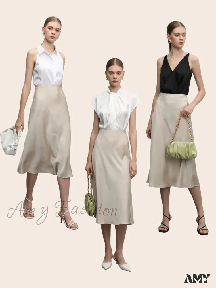 Amy Fashion - Solid High Waist Satin Skirt Workwear