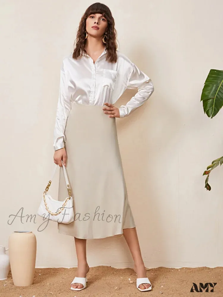 Amy Fashion - Solid High Waist Satin Skirt Workwear