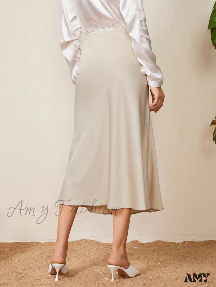 Amy Fashion - Solid High Waist Satin Skirt Workwear