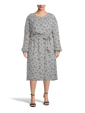 ANNE KLEIN Womens Tie Printed Long Sleeve Scoop Neck Midi Shift Dress