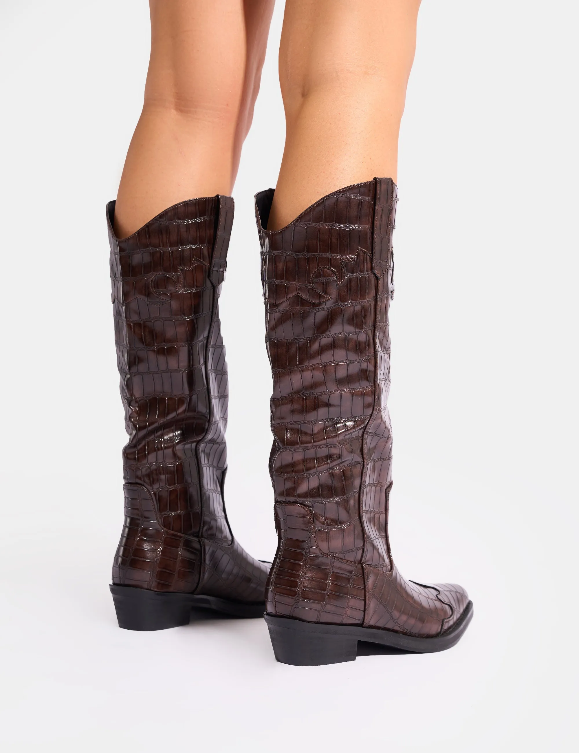 Apollo Brown Croc Wide Fit Flat Western Knee High Boots