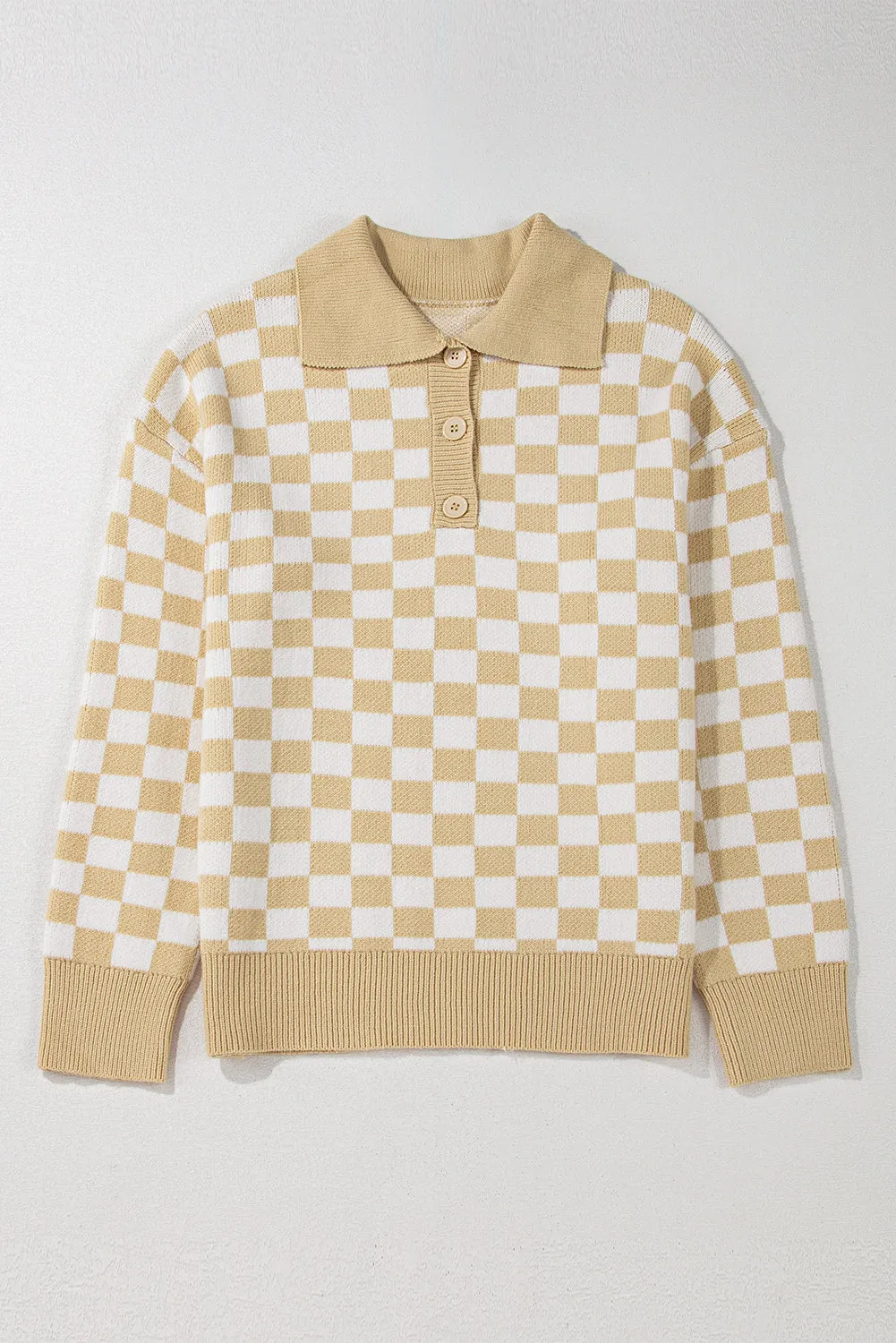 Apricot Checkered Buttons Collar V Neck Drop Shoulder Sweater