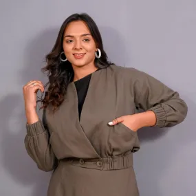 Ash Grey Warm Cotton Flannel V-Neck Bomber Jacket