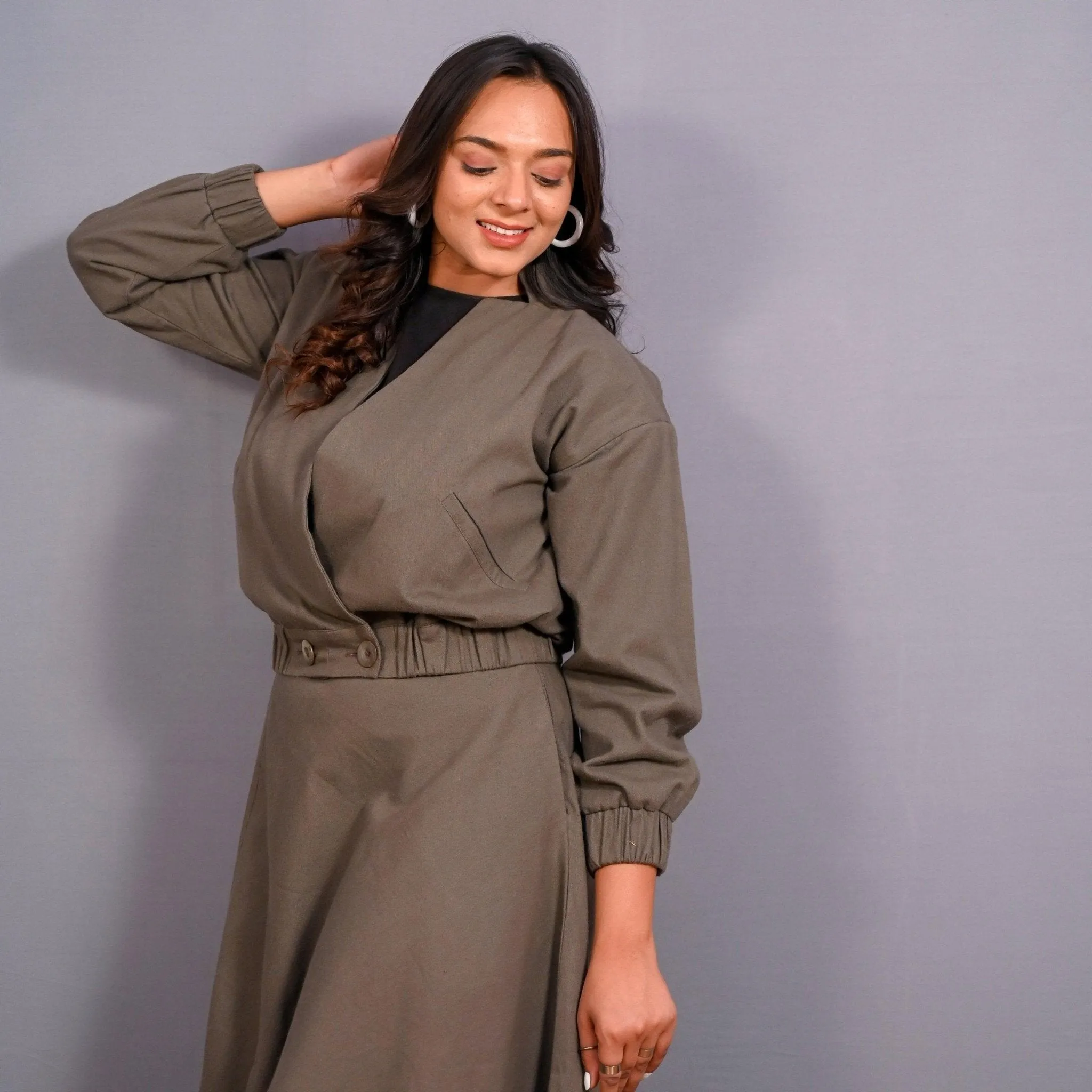 Ash Grey Warm Cotton Flannel V-Neck Bomber Jacket
