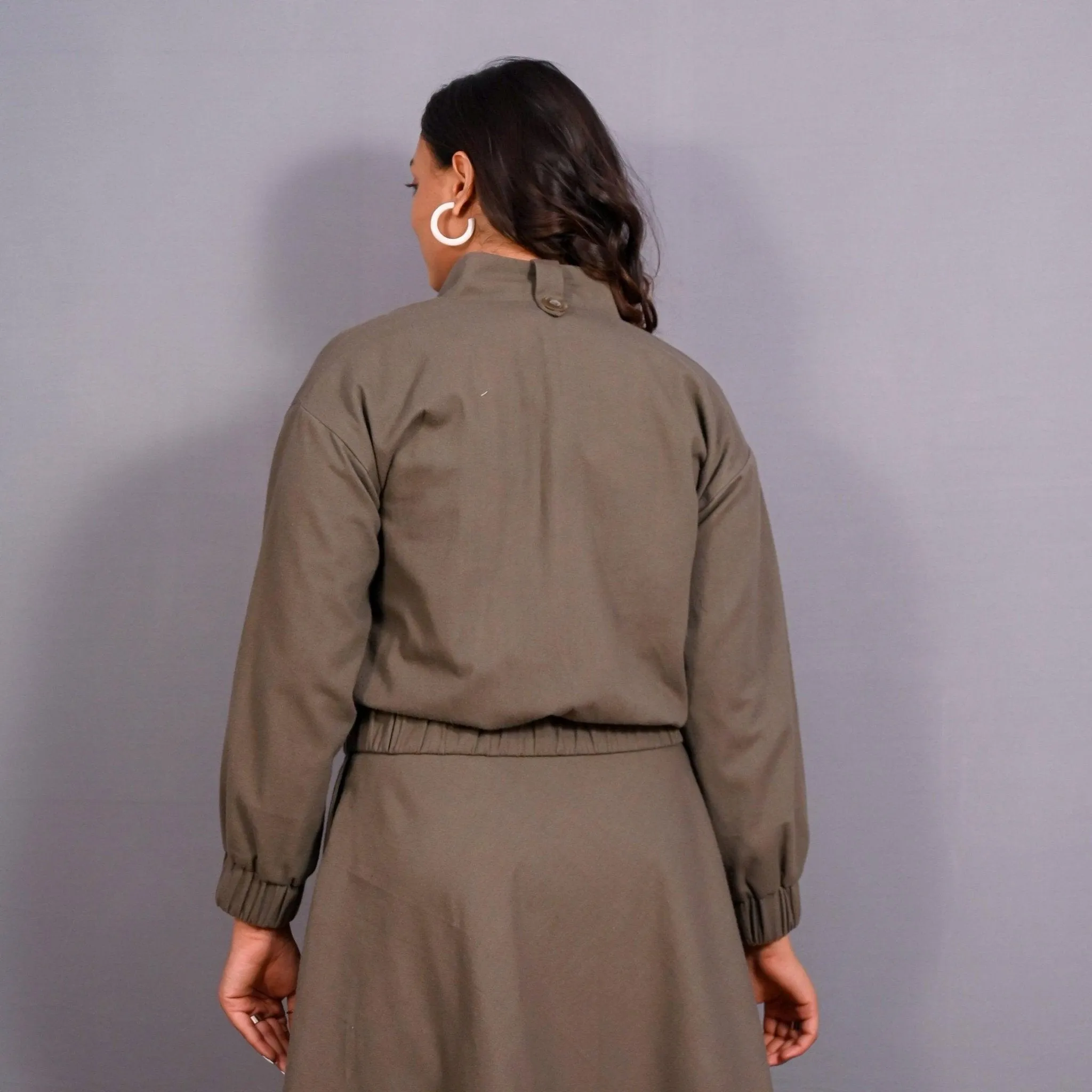 Ash Grey Warm Cotton Flannel V-Neck Bomber Jacket