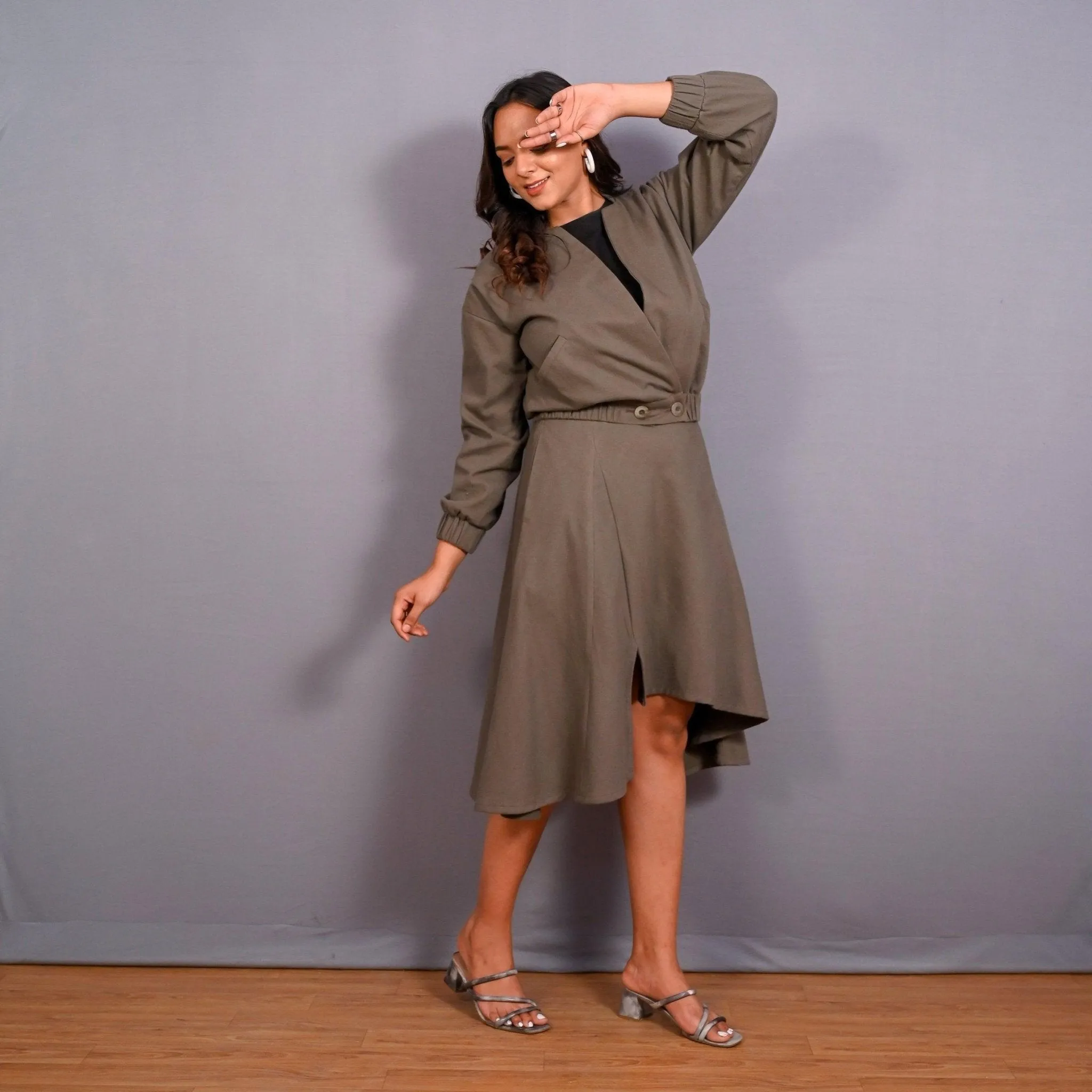 Ash Grey Warm Cotton Flannel V-Neck Bomber Jacket