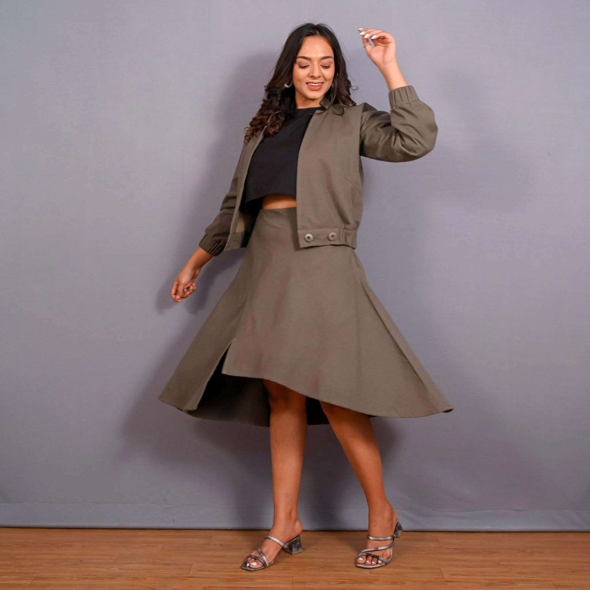 Ash Grey Warm Cotton Flannel V-Neck Bomber Jacket