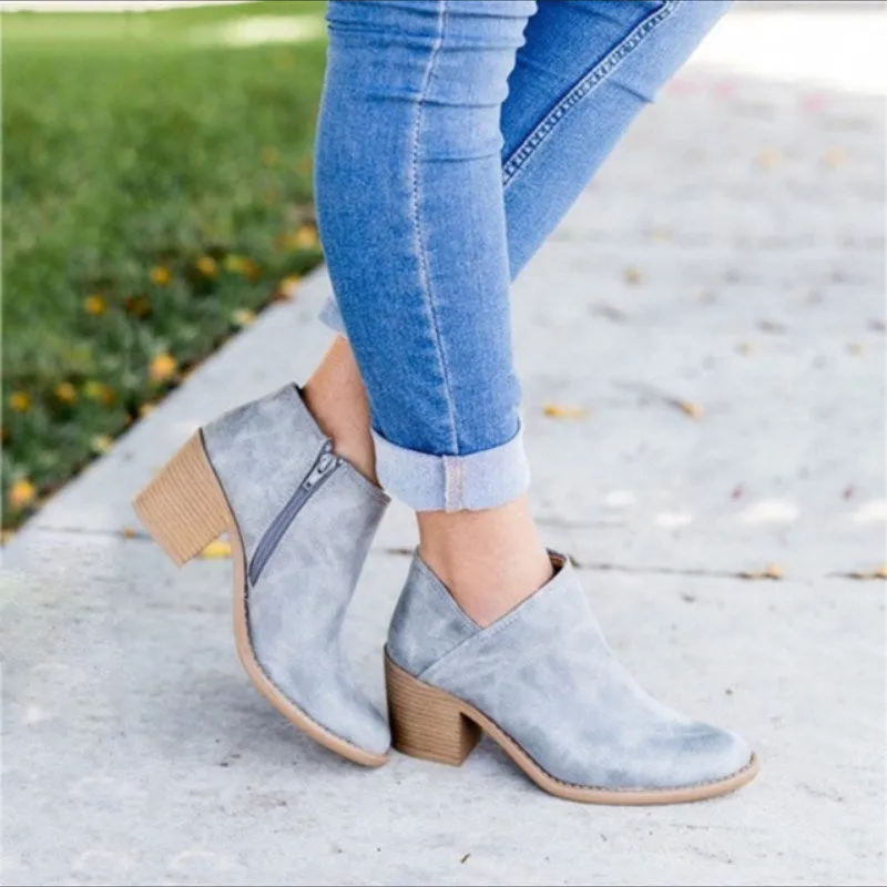 Autumn Women Shoes Retro High Heel Ankle Boots Female Block Mid Heels