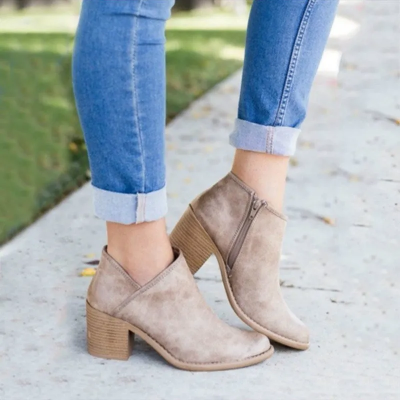 Autumn Women Shoes Retro High Heel Ankle Boots Female Block Mid Heels