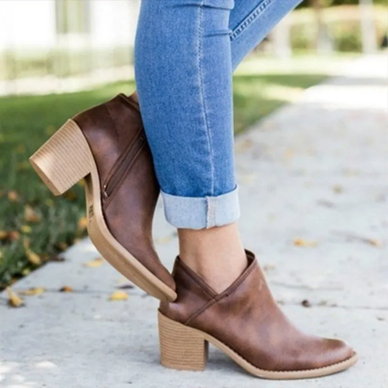 Autumn Women Shoes Retro High Heel Ankle Boots Female Block Mid Heels