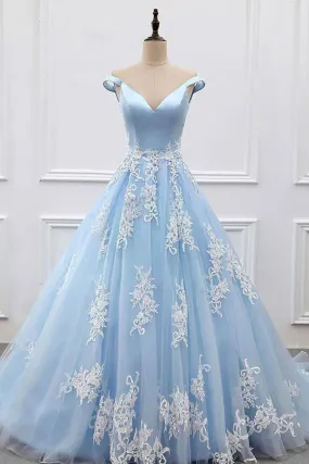 Ball Gown Off-the-Shoulder Court Train Blue Tulle Prom Dress PG483