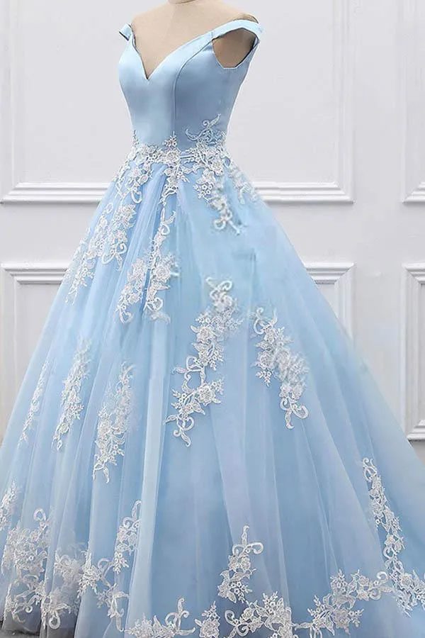 Ball Gown Off-the-Shoulder Court Train Blue Tulle Prom Dress PG483