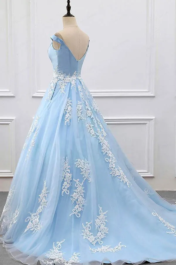 Ball Gown Off-the-Shoulder Court Train Blue Tulle Prom Dress PG483