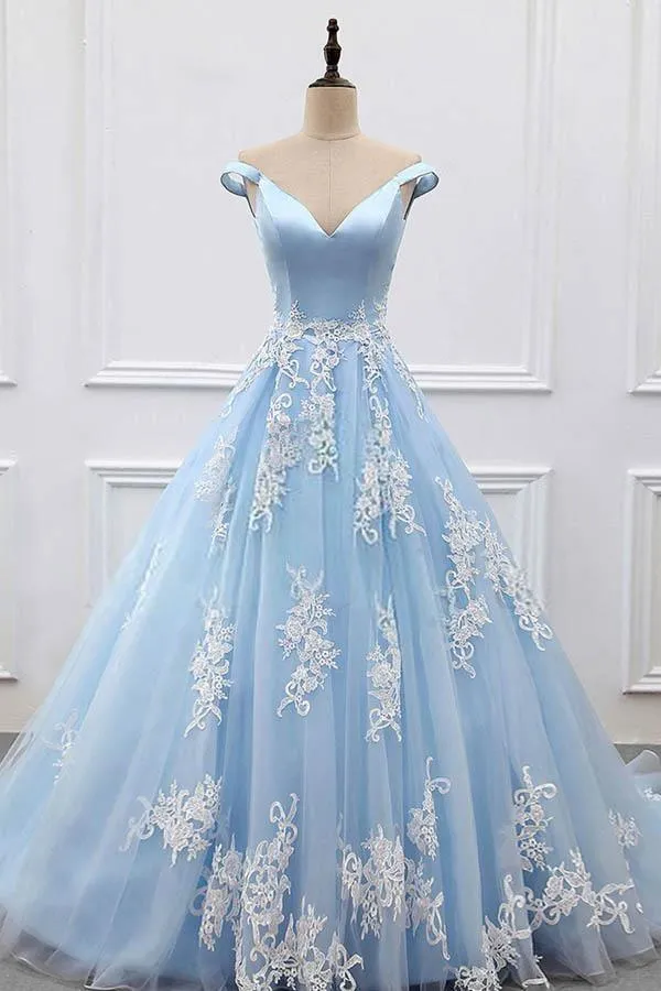 Ball Gown Off-the-Shoulder Court Train Blue Tulle Prom Dress PG483