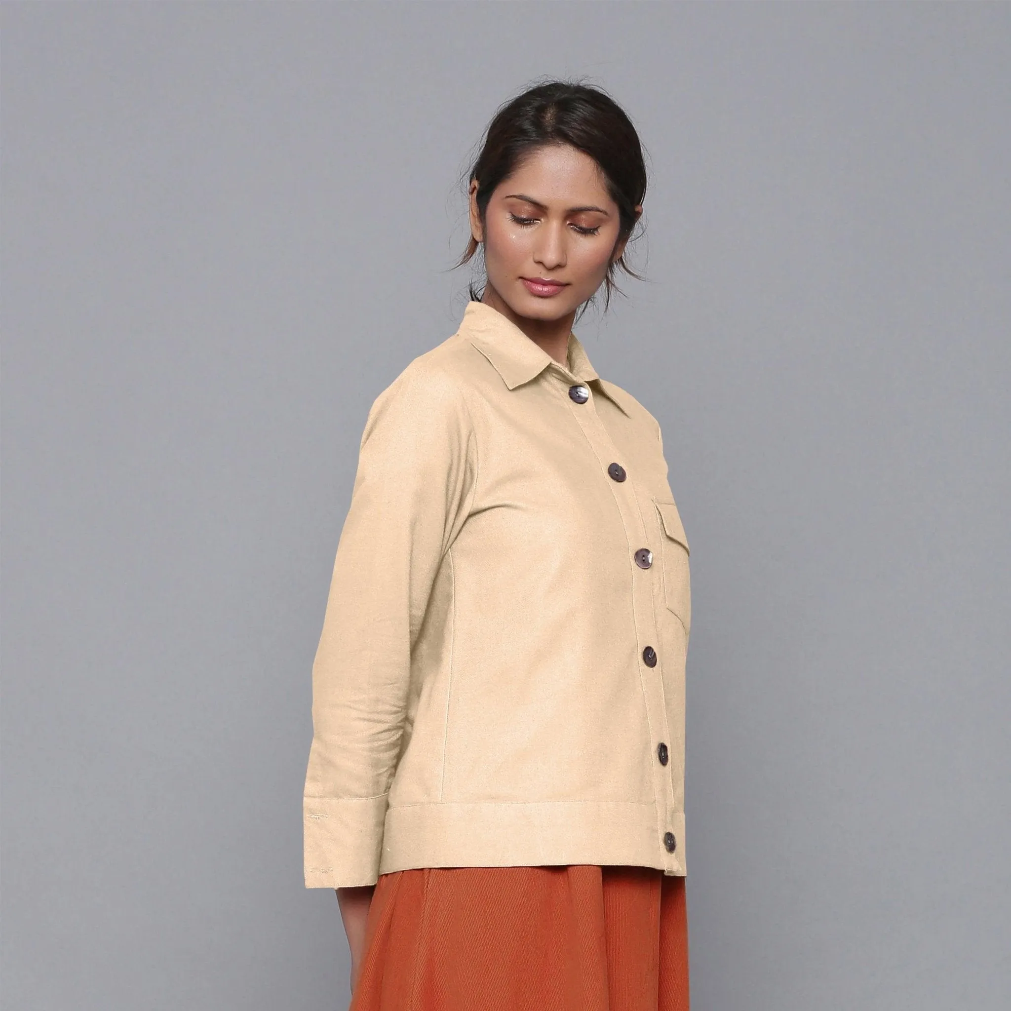 Beige Warm Cotton Flannel Button-Down Shirt Jacket