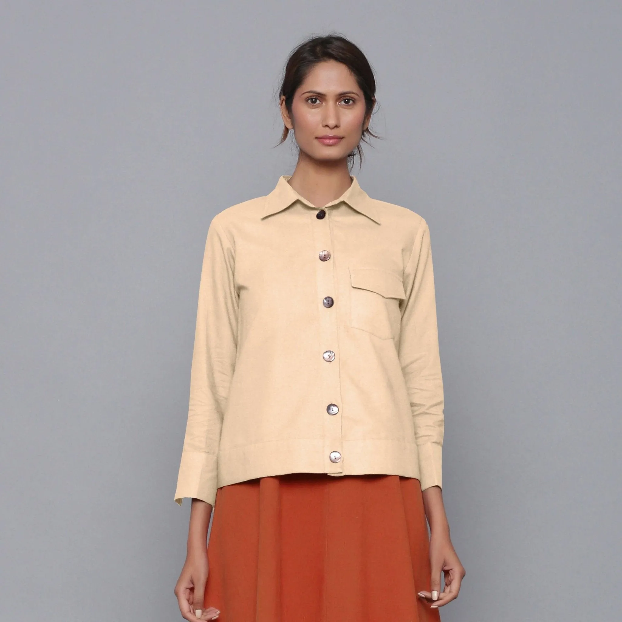 Beige Warm Cotton Flannel Button-Down Shirt Jacket
