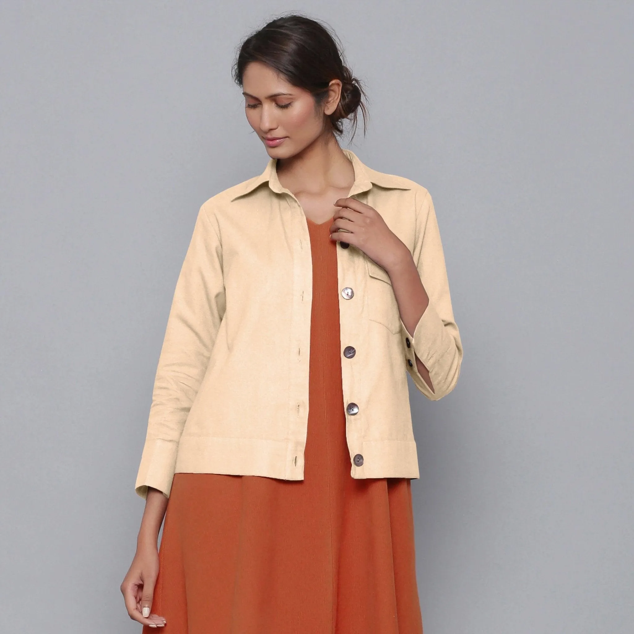 Beige Warm Cotton Flannel Button-Down Shirt Jacket