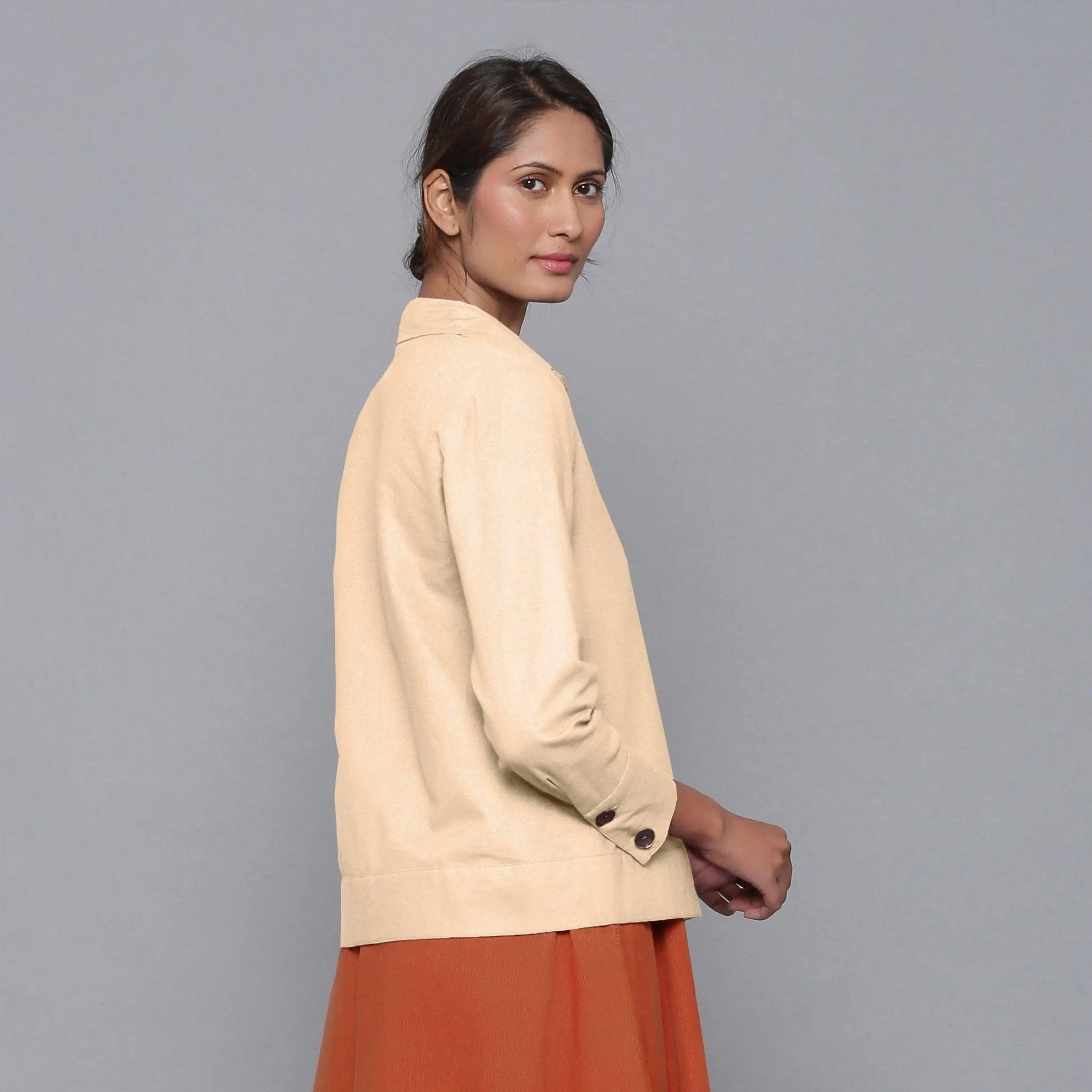 Beige Warm Cotton Flannel Button-Down Shirt Jacket