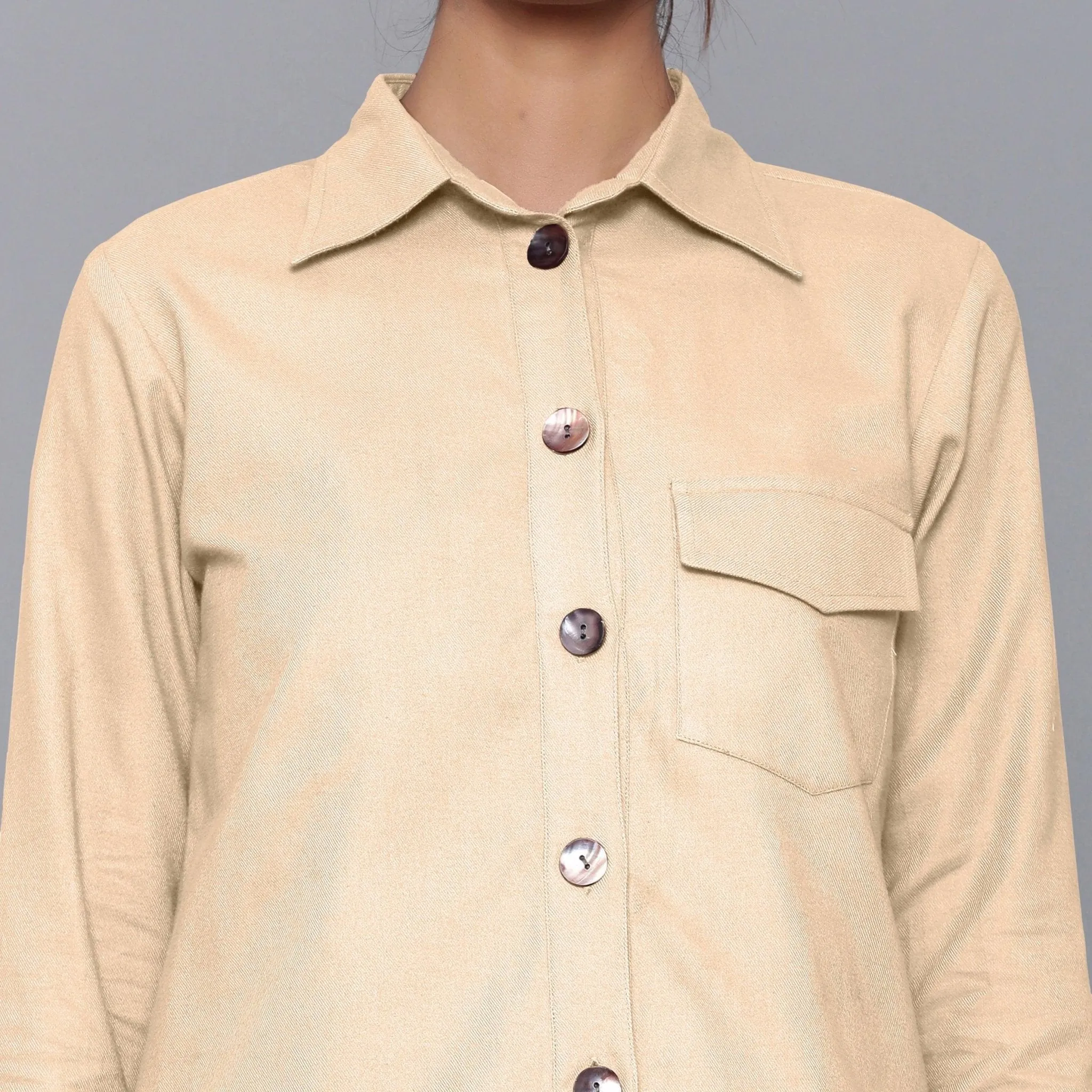 Beige Warm Cotton Flannel Button-Down Shirt Jacket