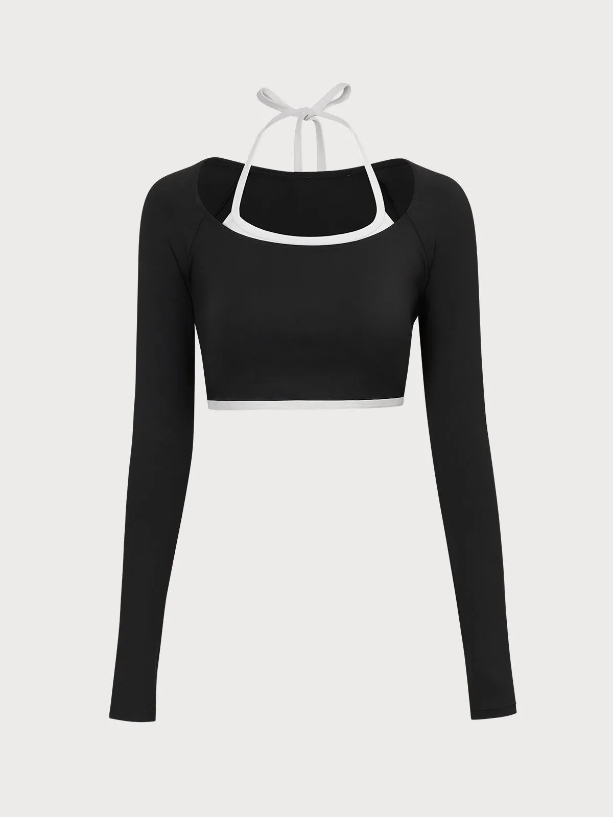 Black Contrast Halter Long Sleeve Top - Light Support