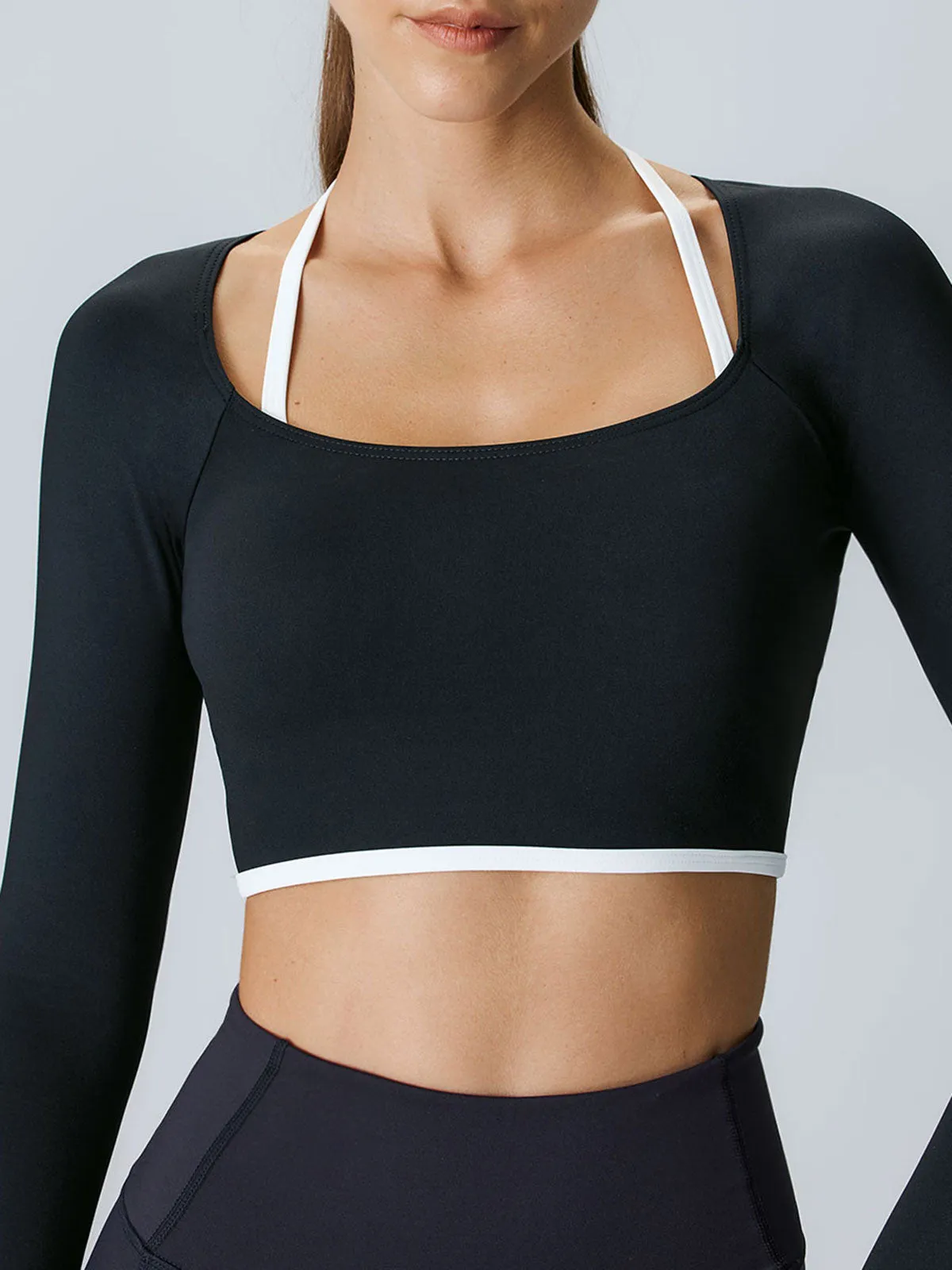 Black Contrast Halter Long Sleeve Top - Light Support