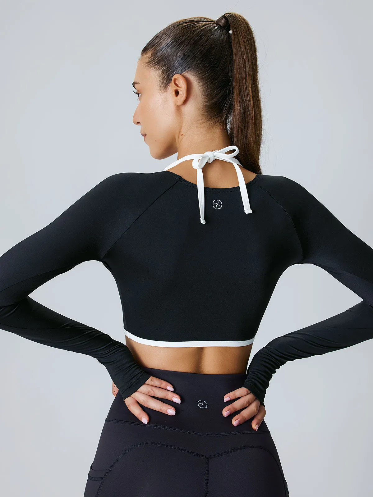 Black Contrast Halter Long Sleeve Top - Light Support