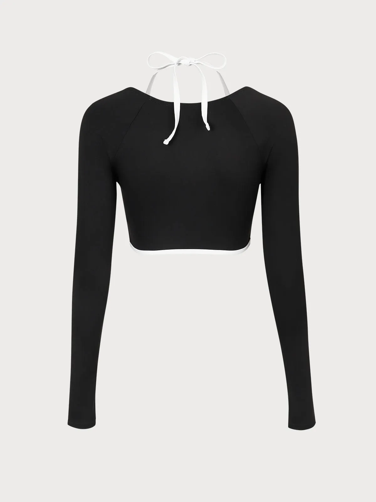 Black Contrast Halter Long Sleeve Top - Light Support