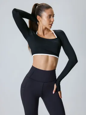 Black Contrast Halter Long Sleeve Top - Light Support