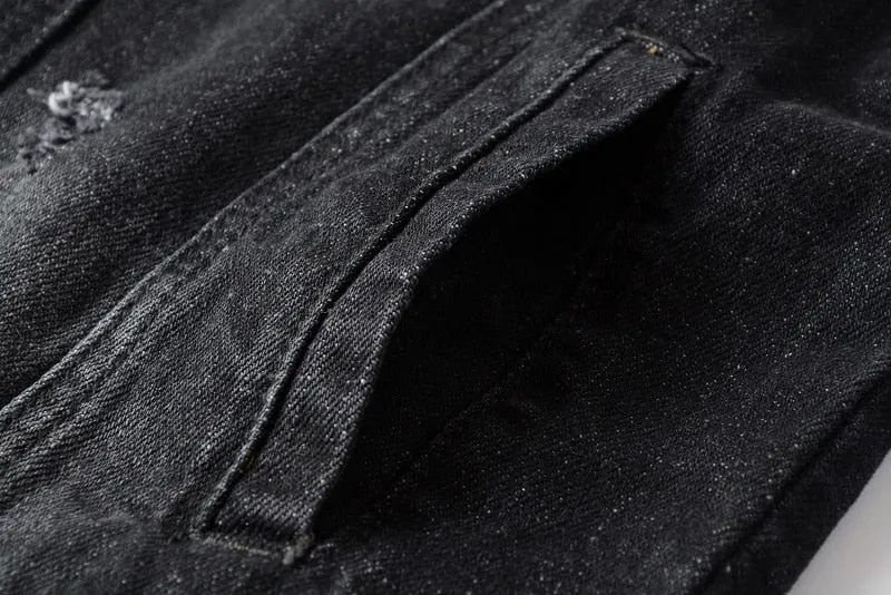 Black Patched Shoulder Simple Distressed Style Men Denim Jacket