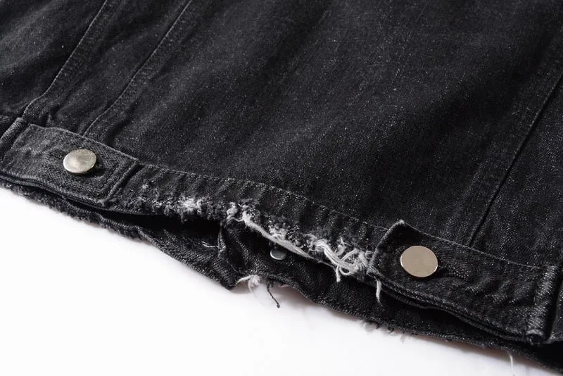 Black Patched Shoulder Simple Distressed Style Men Denim Jacket