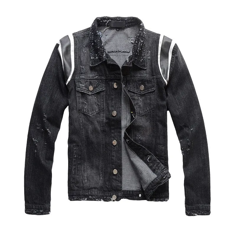 Black Patched Shoulder Simple Distressed Style Men Denim Jacket