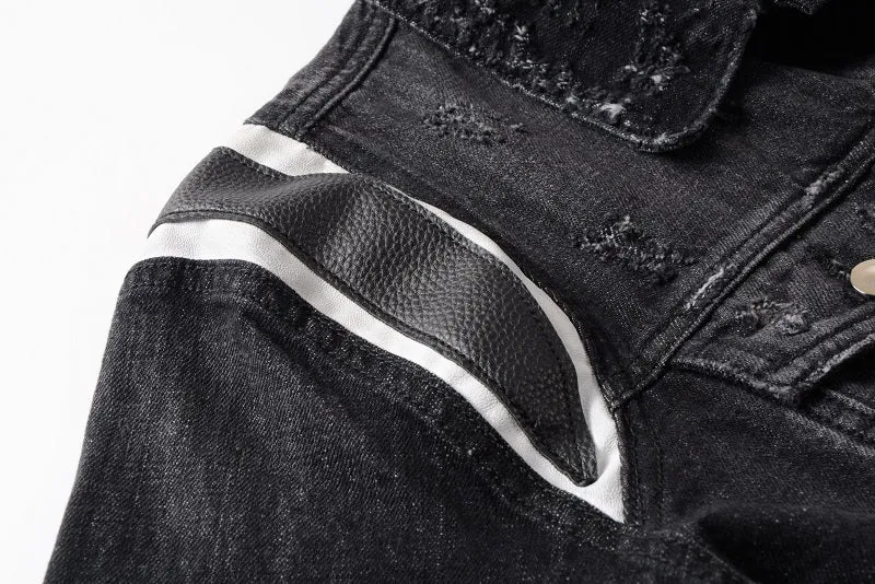 Black Patched Shoulder Simple Distressed Style Men Denim Jacket