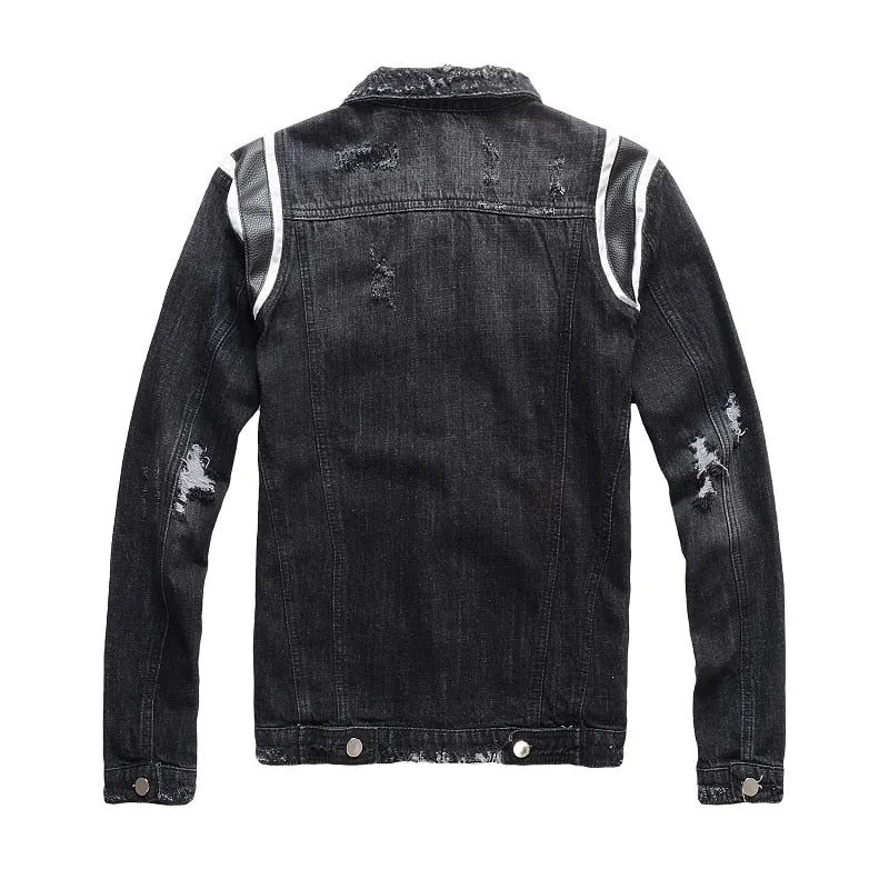 Black Patched Shoulder Simple Distressed Style Men Denim Jacket