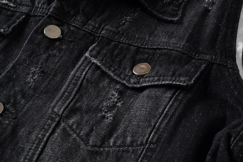 Black Patched Shoulder Simple Distressed Style Men Denim Jacket
