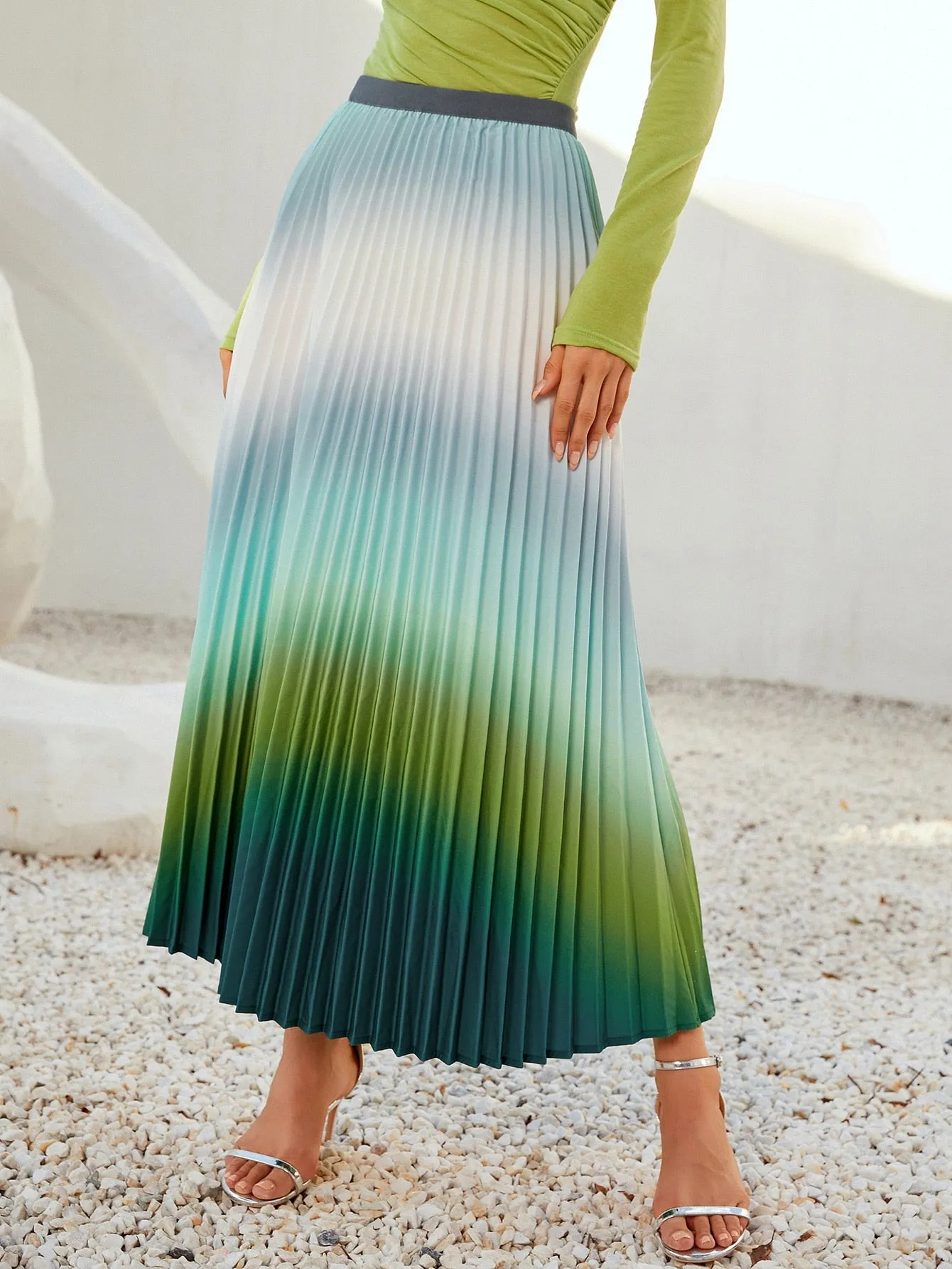 Boho Ombre Pleated High Waist Long Women Skirt