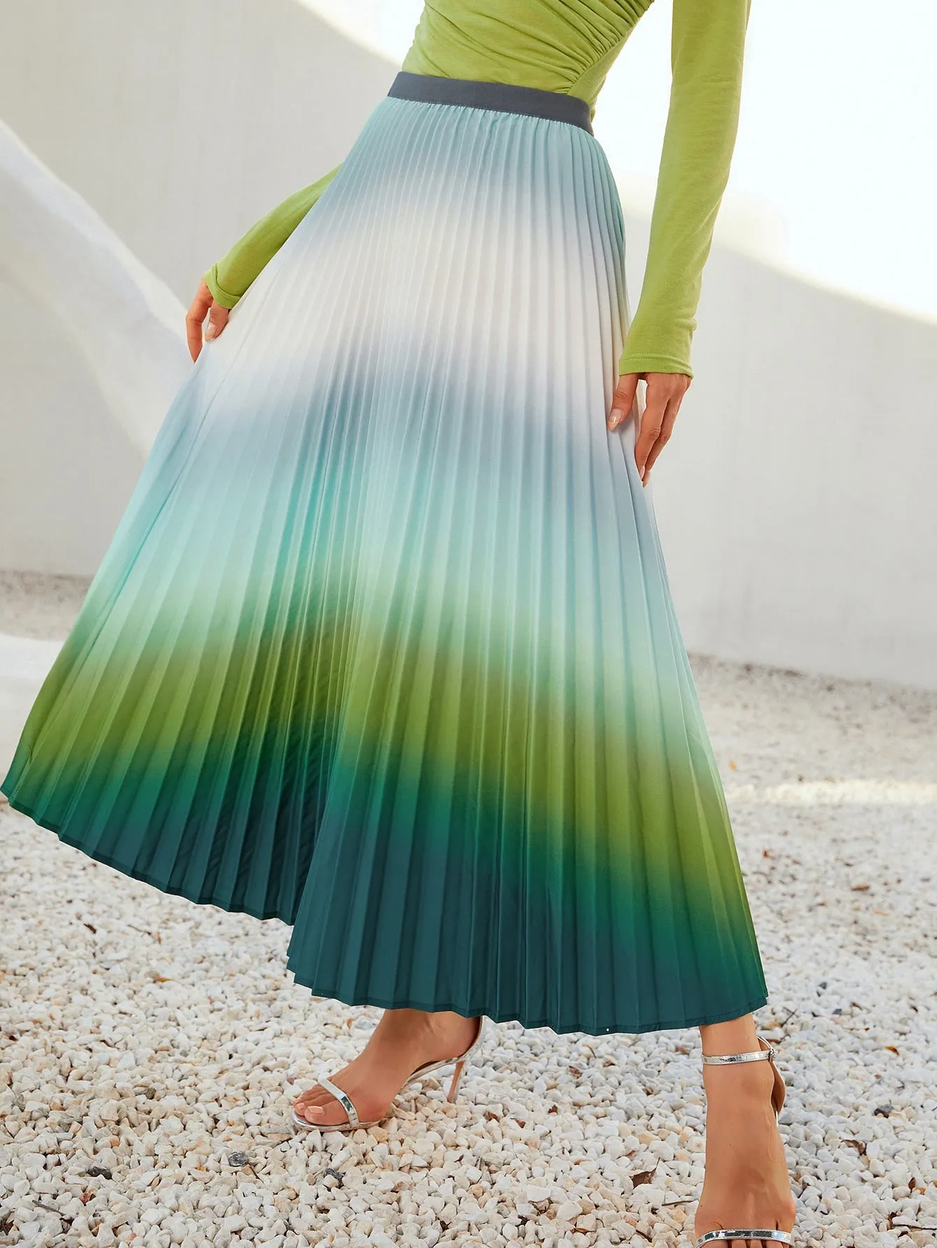 Boho Ombre Pleated High Waist Long Women Skirt