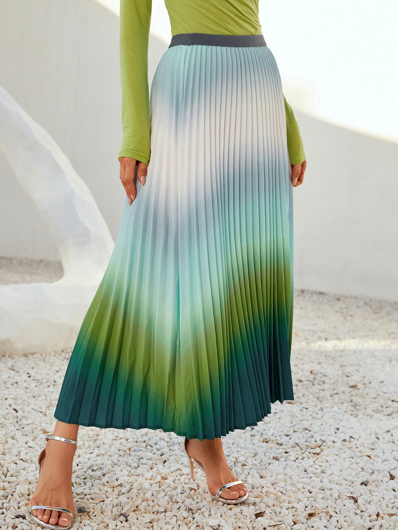 Boho Ombre Pleated High Waist Long Women Skirt