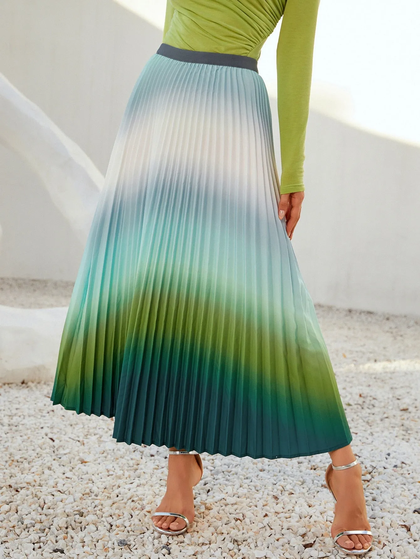 Boho Ombre Pleated High Waist Long Women Skirt
