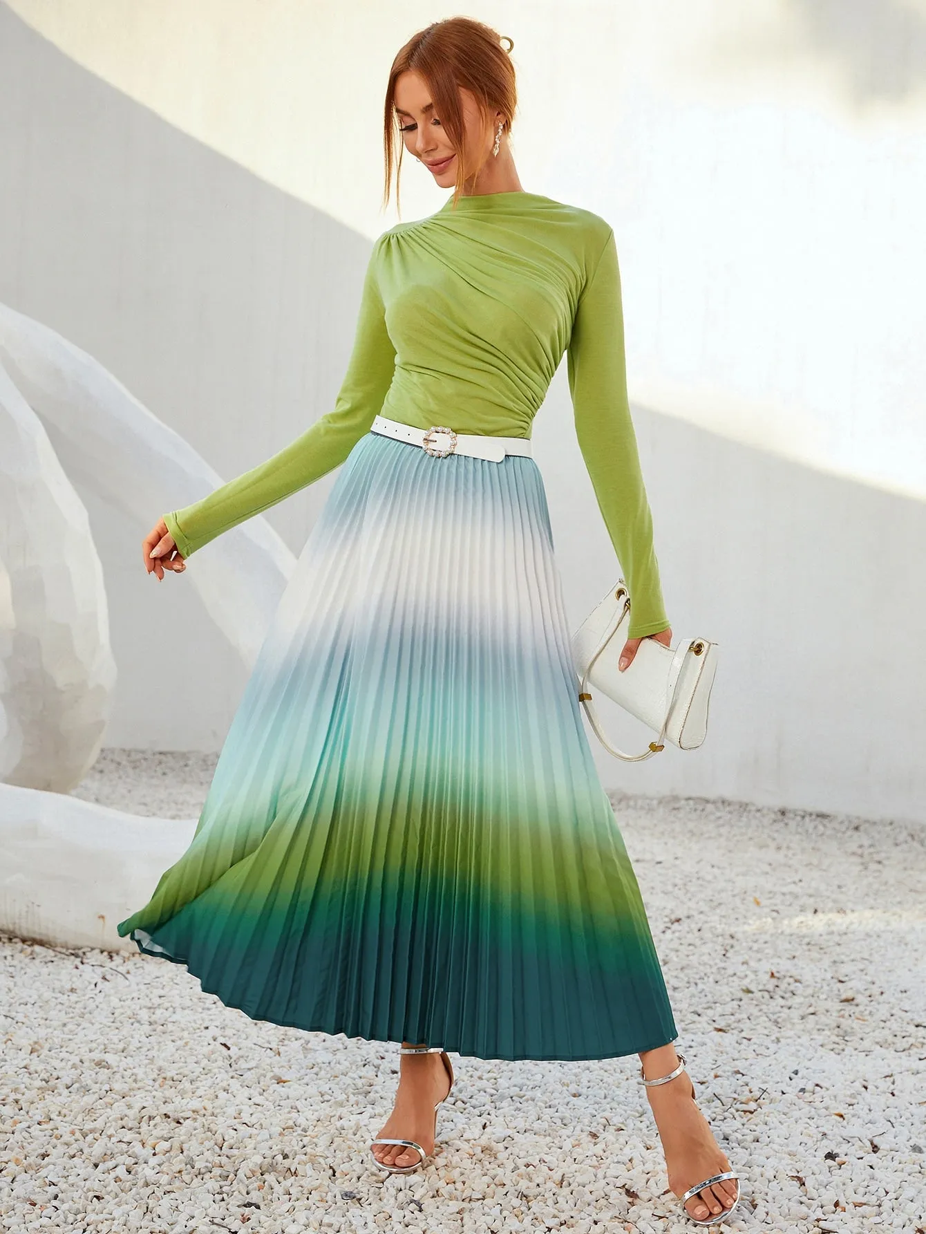 Boho Ombre Pleated High Waist Long Women Skirt